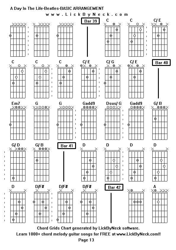 Chord Grids Chart of chord melody fingerstyle guitar song-A Day In The Life-Beatles-BASIC ARRANGEMENT,generated by LickByNeck software.